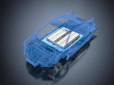 Platform üzerinde pil hücre modülü bulunan 3D elektrikli araba aküsü oluşturuluyor