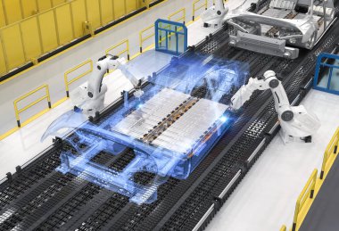 Otomotiv otomobil fabrikası konsepti. Platformunda elektrikli araba aküsü modülü olan 3 boyutlu robot montaj hattı.