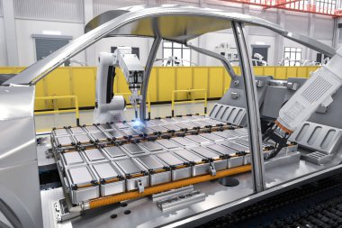 Otomotiv otomobil fabrikası konsepti. Platformunda elektrikli araba aküsü modülü olan 3 boyutlu robot montaj hattı.