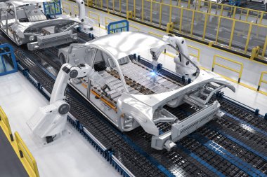 Otomotiv otomobil fabrikası konsepti. Platformunda elektrikli araba aküsü modülü olan 3 boyutlu robot montaj hattı.