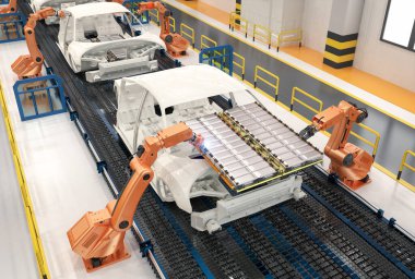Otomotiv otomobil fabrikası konsepti. Platformunda elektrikli araba aküsü modülü olan 3 boyutlu robot montaj hattı.