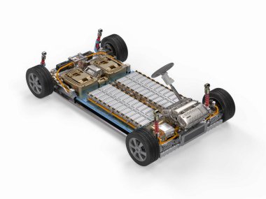 Platform üzerinde batarya hücre modülü paketi olan 3d hazırlama elektrikli araba