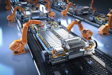 Otomotiv otomobil fabrikası konsepti. Platformunda elektrikli araba aküsü modülü olan 3 boyutlu robot montaj hattı.