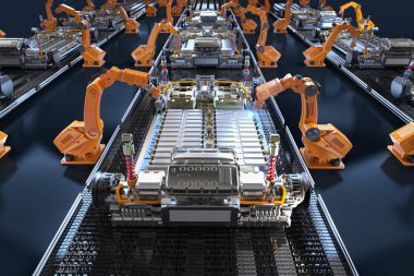Otomotiv otomobil fabrikası konsepti. Platformunda elektrikli araba aküsü modülü olan 3 boyutlu robot montaj hattı.