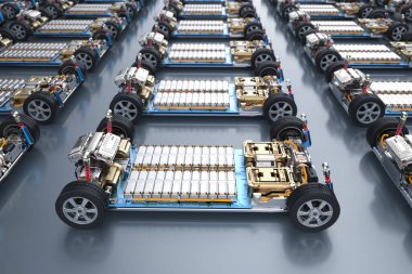 Platform üzerinde pil hücre modülü paketi olan 3 boyutlu elektrikli araba oluşturma grubu