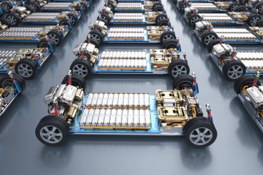 3d rendering group of electric cars with pack of battery cells module on platform in a row clipart