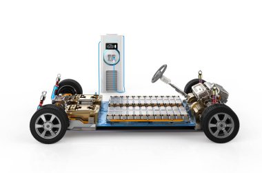 3D elektrikli araba aküsü her şarj istasyonuna takılıyor