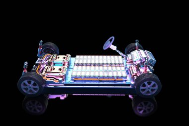 3d rendering electric car with pack of battery cells module on platform clipart