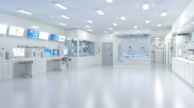 Yarı iletken imalat fabrikasında makine, bilgisayar ekranı ve robotik silah üreten 3D fütüristik dijital laboratuvar. 