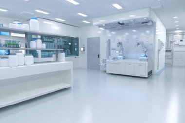 Yarı iletken imalat fabrikasında makine, bilgisayar ekranı ve robotik silah üreten 3D fütüristik dijital laboratuvar. 