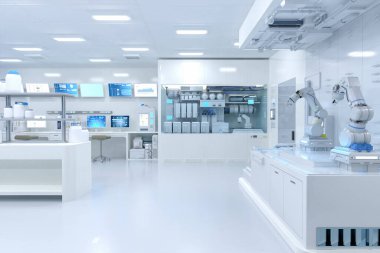 Yarı iletken imalat fabrikasında makine, bilgisayar ekranı ve robotik silah üreten 3D fütüristik dijital laboratuvar. 