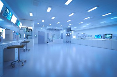 3D renching blue futuristic laboratory interior in semiconductor making factory with machine, bilgisayar screen and robotic arms 