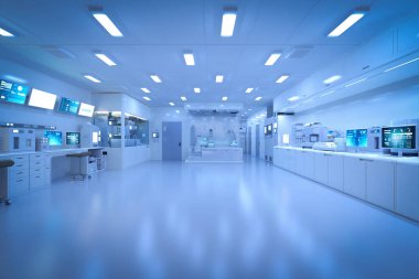 3D renching blue futuristic laboratory interior in semiconductor making factory with machine, bilgisayar screen and robotic arms 