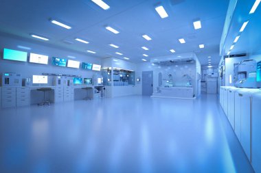 3D renching blue futuristic laboratory interior in semiconductor making factory with machine, bilgisayar screen and robotic arms 