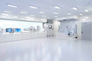 Yarı iletken imalat fabrikasında makine, bilgisayar ekranı ve robotik silah üreten 3D beyaz fütüristik laboratuvar. 