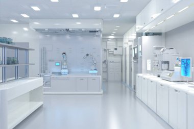 Yarı iletken imalat fabrikasında makine, bilgisayar ekranı ve robotik silah üreten 3D beyaz fütüristik laboratuvar. 