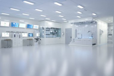 Yarı iletken imalat fabrikasında makine, bilgisayar ekranı ve robotik silah üreten 3D beyaz fütüristik laboratuvar. 