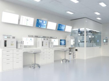 3d makine ve bilgisayar ekranlı beyaz fütürist dijital laboratuvar
