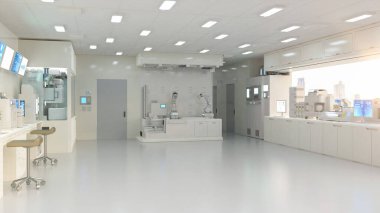 Yarı iletken imalat fabrikasında makine, bilgisayar ekranı ve robotik silah üreten 3D beyaz fütüristik laboratuvar. 