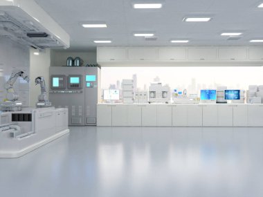 Yarı iletken imalat fabrikasında makine, bilgisayar ekranı ve robotik silah üreten 3D beyaz fütüristik laboratuvar. 