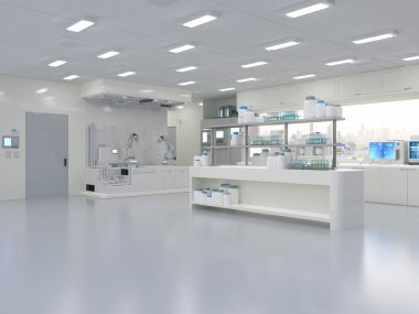 Yarı iletken imalat fabrikasında makine, bilgisayar ekranı ve robotik silah üreten 3D beyaz fütüristik laboratuvar. 