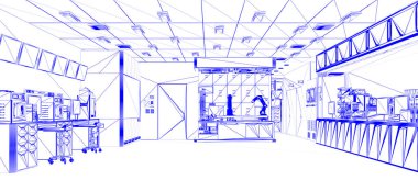Yarı iletken imalat fabrikasında makine, bilgisayar ekranı ve robot silah çizimi olan 3D fütüristik laboratuvar tasarımı