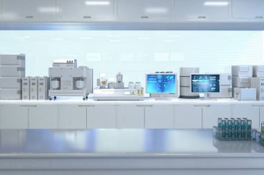 Yarı iletken imalat fabrikasında makine, bilgisayar ekranı ve test tüpleri bulunan 3D fütüristik laboratuvar