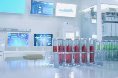 Yarı iletken imalat fabrikasında makine, bilgisayar ekranı ve test tüpleri bulunan 3D fütüristik laboratuvar