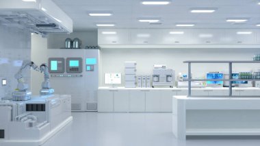 Yarı iletken imalat fabrikasında makine, bilgisayar ekranı ve robotik silah üreten 3D beyaz fütüristik laboratuvar. 