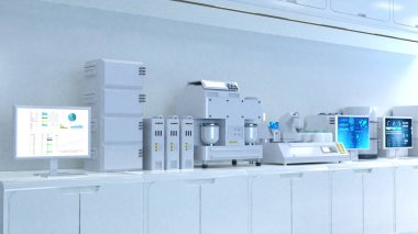 Yarı iletken imalat fabrikasında makine ve bilgisayar ekranlı 3D fütüristik laboratuvar