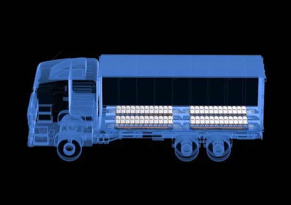 3D渲染X 光Ev后勤拖车或电动车卡车 带有在黑色背景上隔离的电池组组件 — 图库照片
