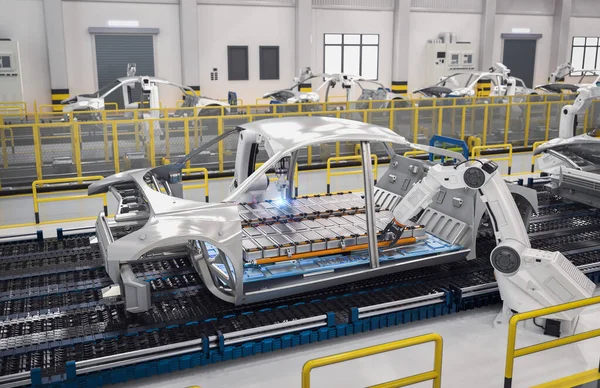 Automatisering Auto Fabrieksconcept Met Rendering Robot Assemblagelijn Met Elektrische Auto — Stockfoto