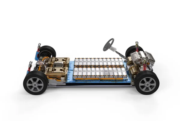 Platform Üzerinde Batarya Hücre Modülü Paketi Olan Hazırlama Elektrikli Araba — Stok fotoğraf