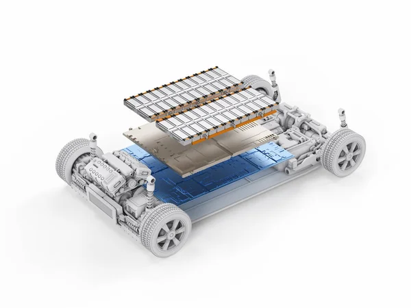 带电池组模块的电动车在平台上3D渲染 — 图库照片