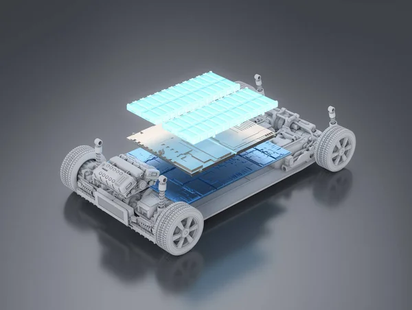 Візуалізація Електромобіля Пакетом Модулів Акумуляторних Батарей Шарах Платформі — стокове фото