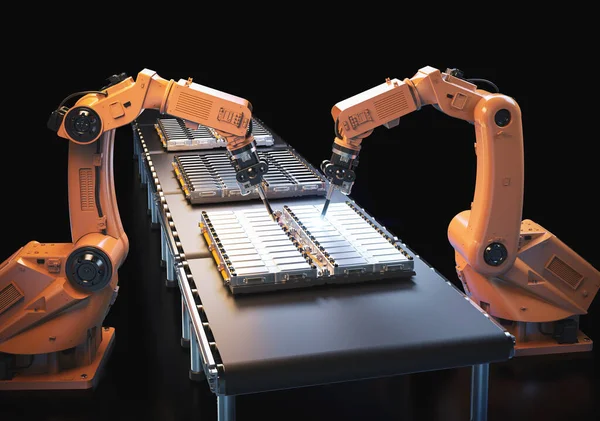 Концепція Автоматизації Автомобільного Заводу Лінією Складання Роботів Модулем Акумуляторних Батарей — стокове фото