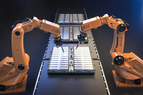Концепція Автоматизації Автомобільного Заводу Лінією Складання Роботів Модулем Акумуляторних Батарей — стокове фото