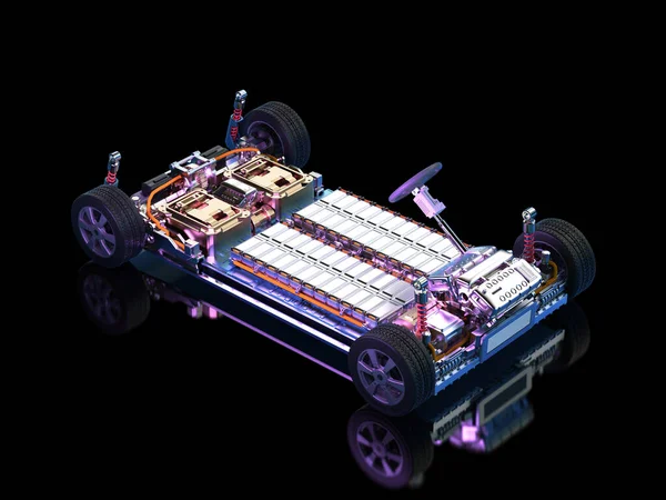 3d rendering electric car with pack of battery cells module on platform