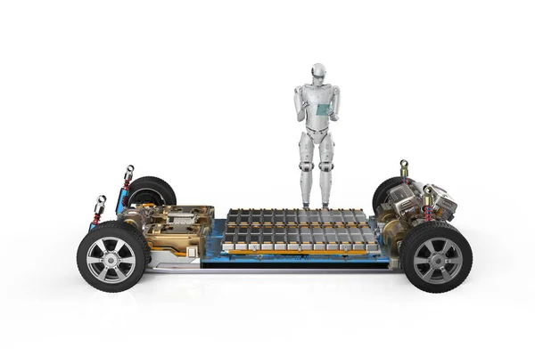 Дослідження Розробка Електромобілів Роботом Рендерингом Який Вивчає Car Модулем Акумуляторних — стокове фото