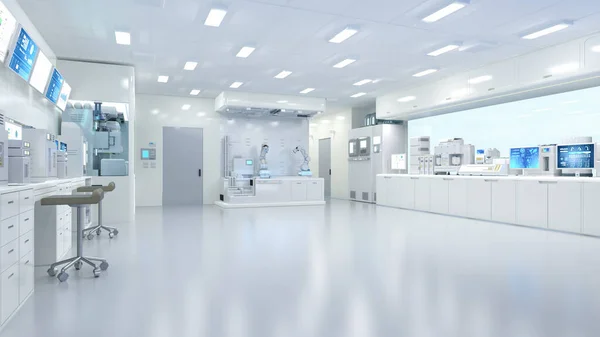 3d rendering white futuristic digital laboratory interior in semiconductor manufacturing factory with machine, computer screen and robotic arms