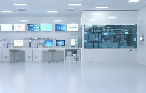 3Dレンダリング機械 コンピュータ画面とロボットアームと半導体製造工場で白い未来的なデジタル研究室のインテリア — ストック写真