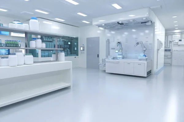 3d rendering white futuristic digital laboratory interior in semiconductor manufacturing factory with machine, computer screen and robotic arms