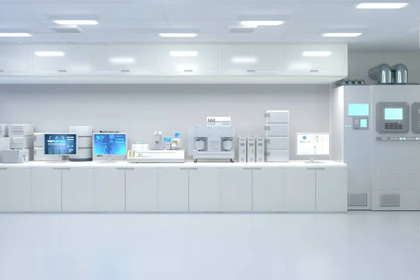 3Dレンダリング機械とコンピュータ画面を備えた白い未来的なデジタル研究所 — ストック写真