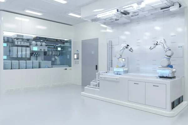 Automation laboratory concept with 3d rendering robotic arms in white futuristic laboratory