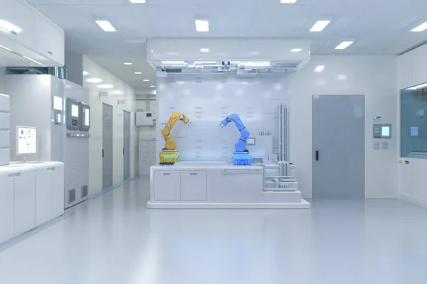Automation laboratory concept with 3d rendering robotic arms in white futuristic laboratory