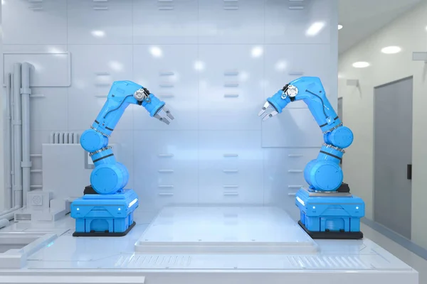 Conceito Laboratório Automação Com Braços Robóticos Renderização Laboratório Futurista Branco — Fotografia de Stock