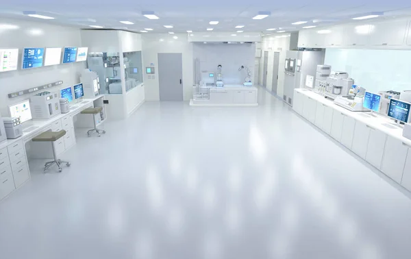 3d rendering white futuristic laboratory interior in semiconductor manufacturing factory with machine, computer screen and robotic arms