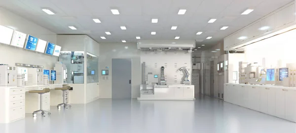 3Dレンダリング機械 コンピュータ画面とロボットアームと半導体製造工場の白い未来的な研究室のインテリア — ストック写真