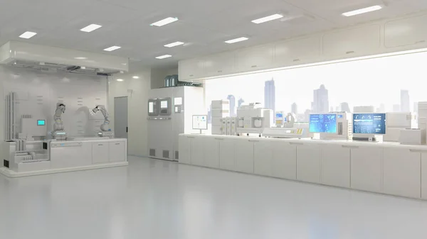 3Dレンダリング機械 コンピュータ画面とロボットアームと半導体製造工場の白い未来的な研究室のインテリア — ストック写真