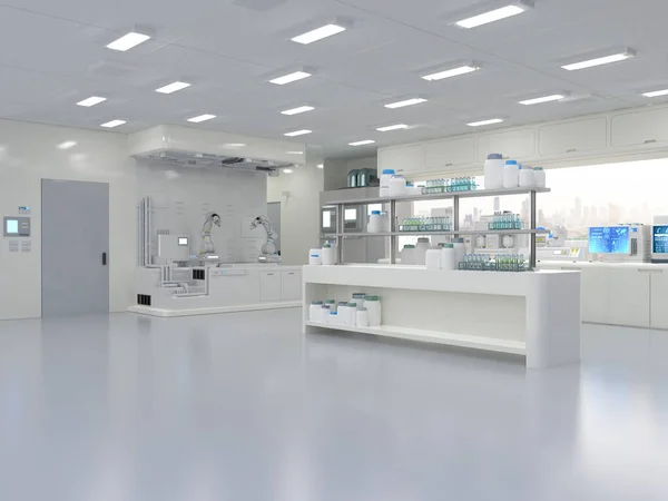 stock image 3d rendering white futuristic laboratory interior in semiconductor manufacturing factory with machine, computer screen and robotic arms 